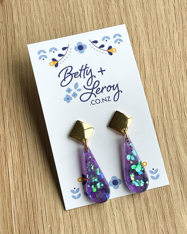 Purple glitter drop earrings