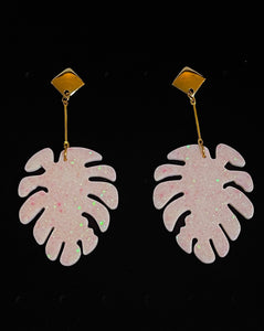 Pale pink pearlescent monstera leaf earrings