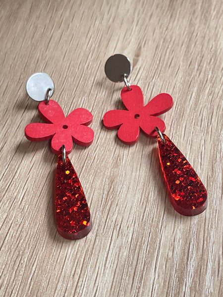 Red glitter and flower earrings