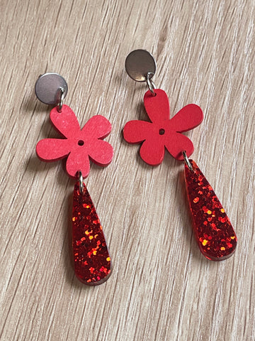 Red glitter and flower earrings