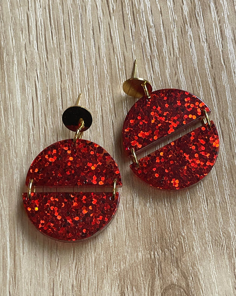 Red and gold glitter semi circle earrings