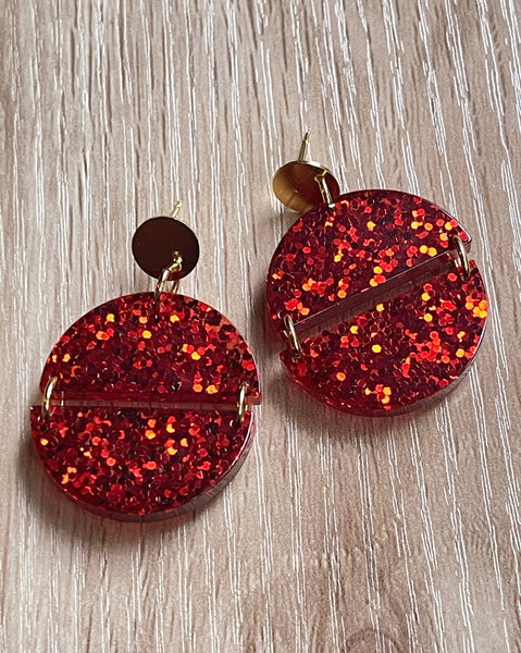 Red and gold glitter semi circle earrings