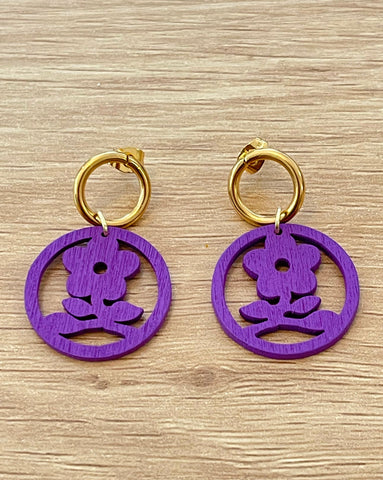 Purple flower in a frame wood earrings